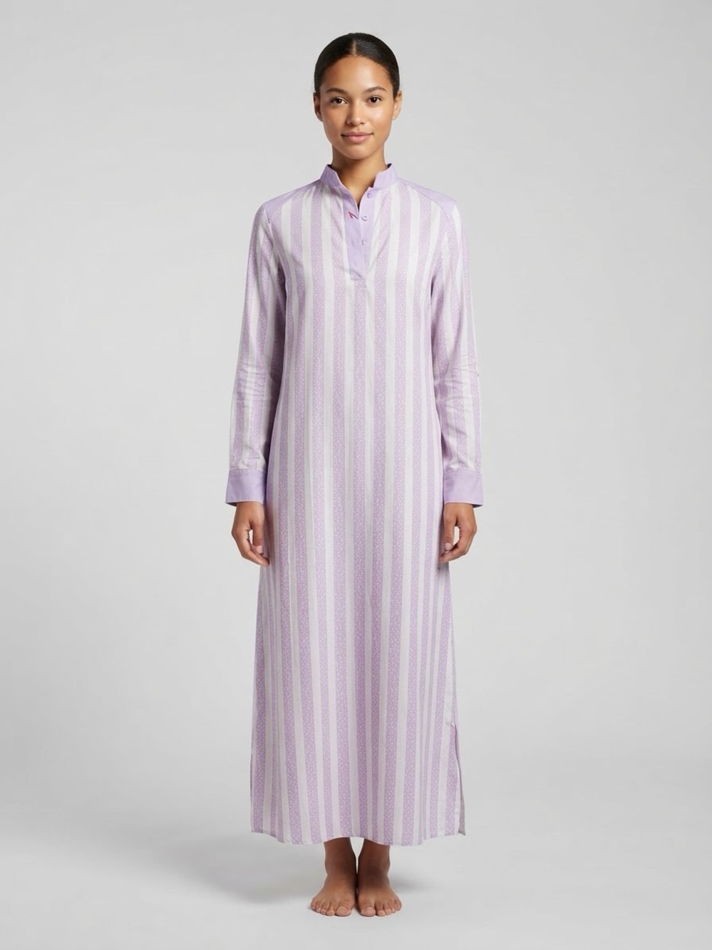 ODAY Lilac Stripe Long Caftan with Mandarin Collar and Pockets Sz S